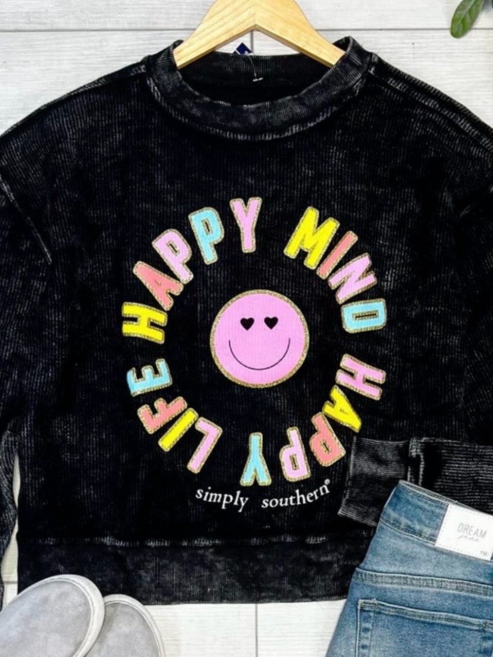 Simply Southern Black Ribbed Cropped Crewneck Sweatshirt with Pink Smiley